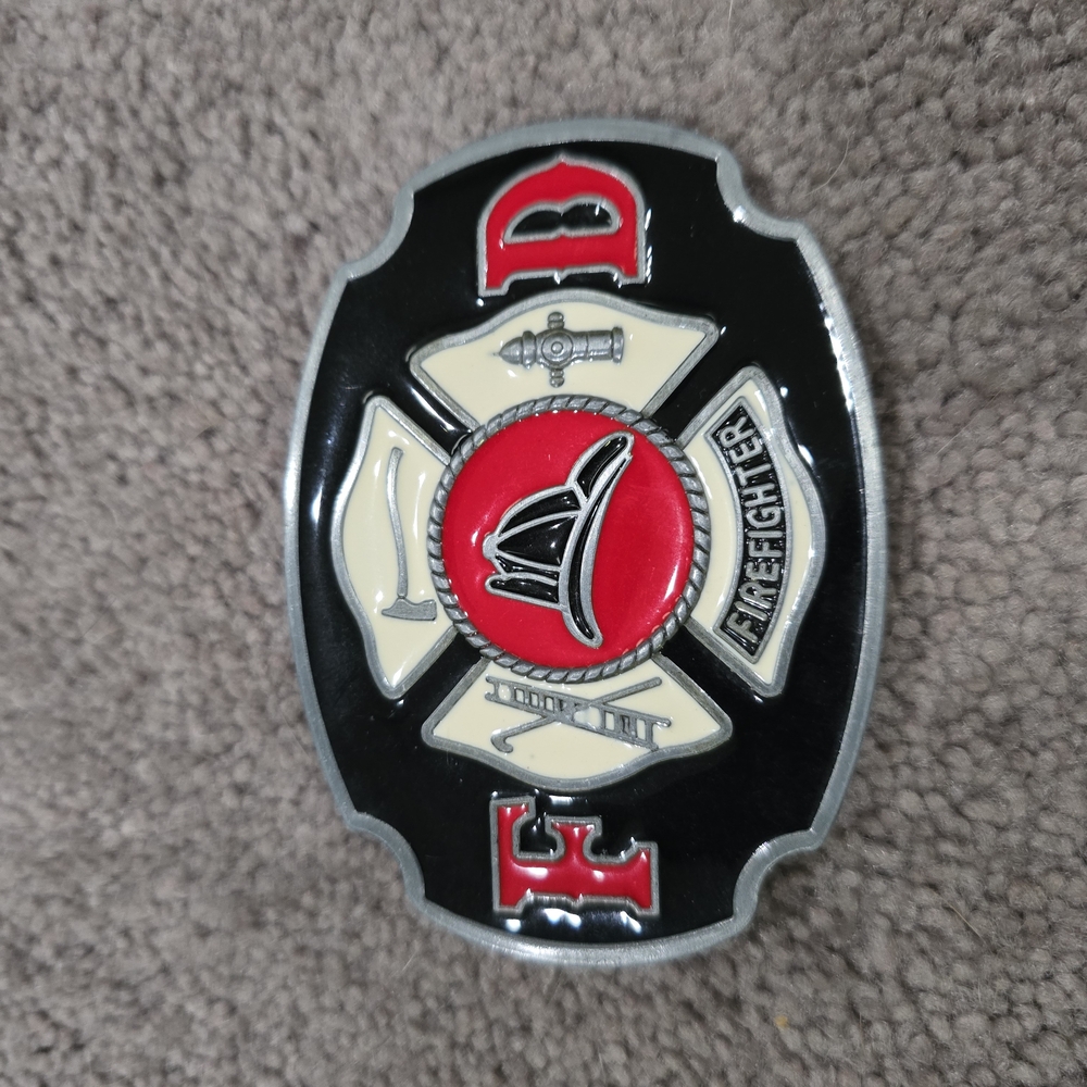 Firefighter Belt Buckle with Red and Black Design